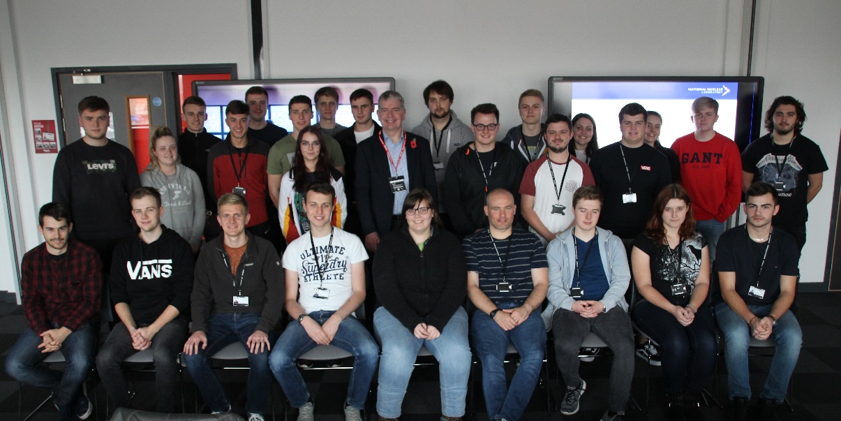 Adrian Bull MBE with apprentices from the Nuclear Engineering programme
